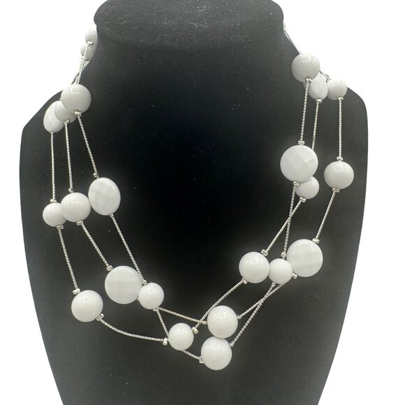 Elegant Multi-Strand White Beaded Necklace With Adjustable Silver Chain - Picture 1 of 4
